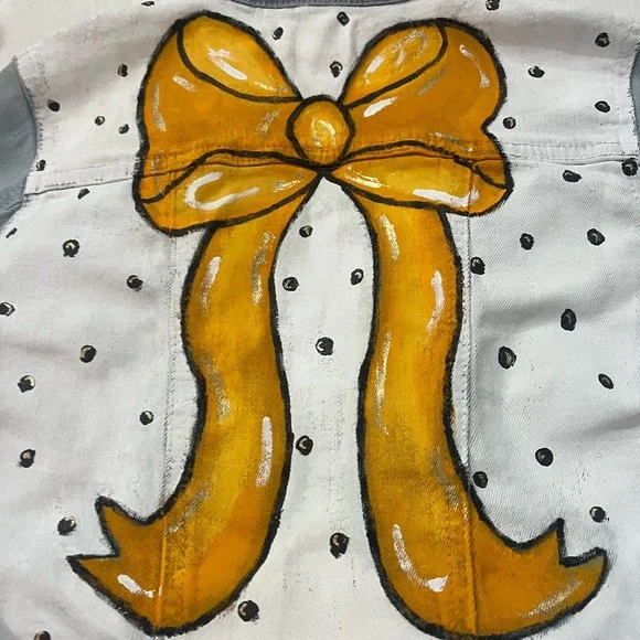 Kids Hand-Painted Denim Jacket with Orange Bow Design - Picture 3 of 12